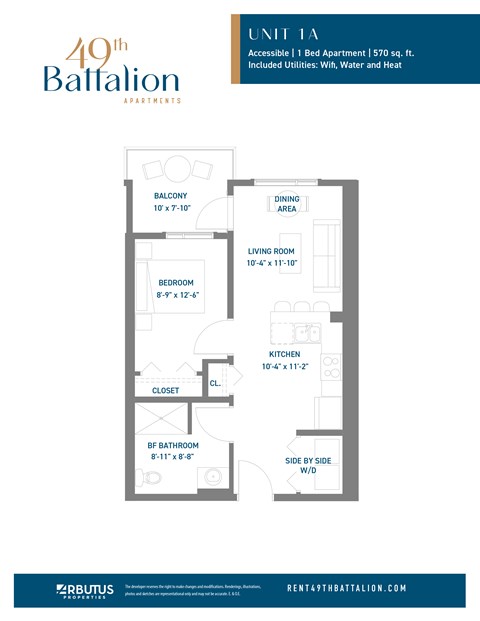 A floor plan for a 40th Battalion apartment shows a living area, kitchen, bathroom, and bedroom.